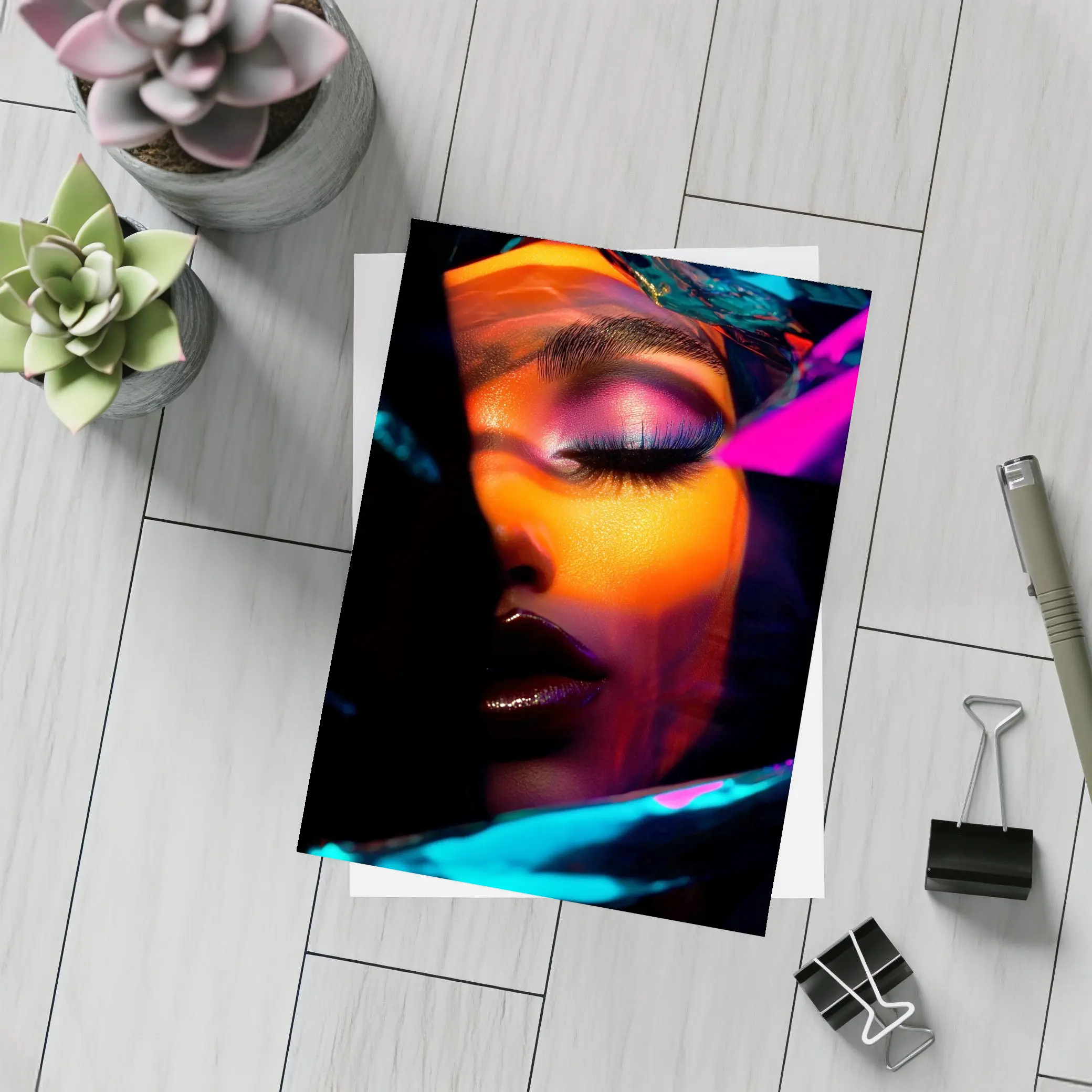 Neon Makeup Woman Dark Cyberpunk Portrait – Postcards