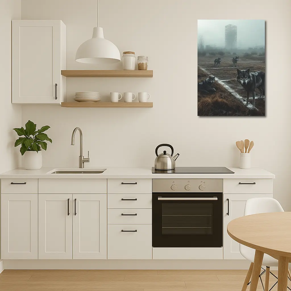 Wolf Pack Roaming Misty Abandoned Industrial Ruins – Wall Art