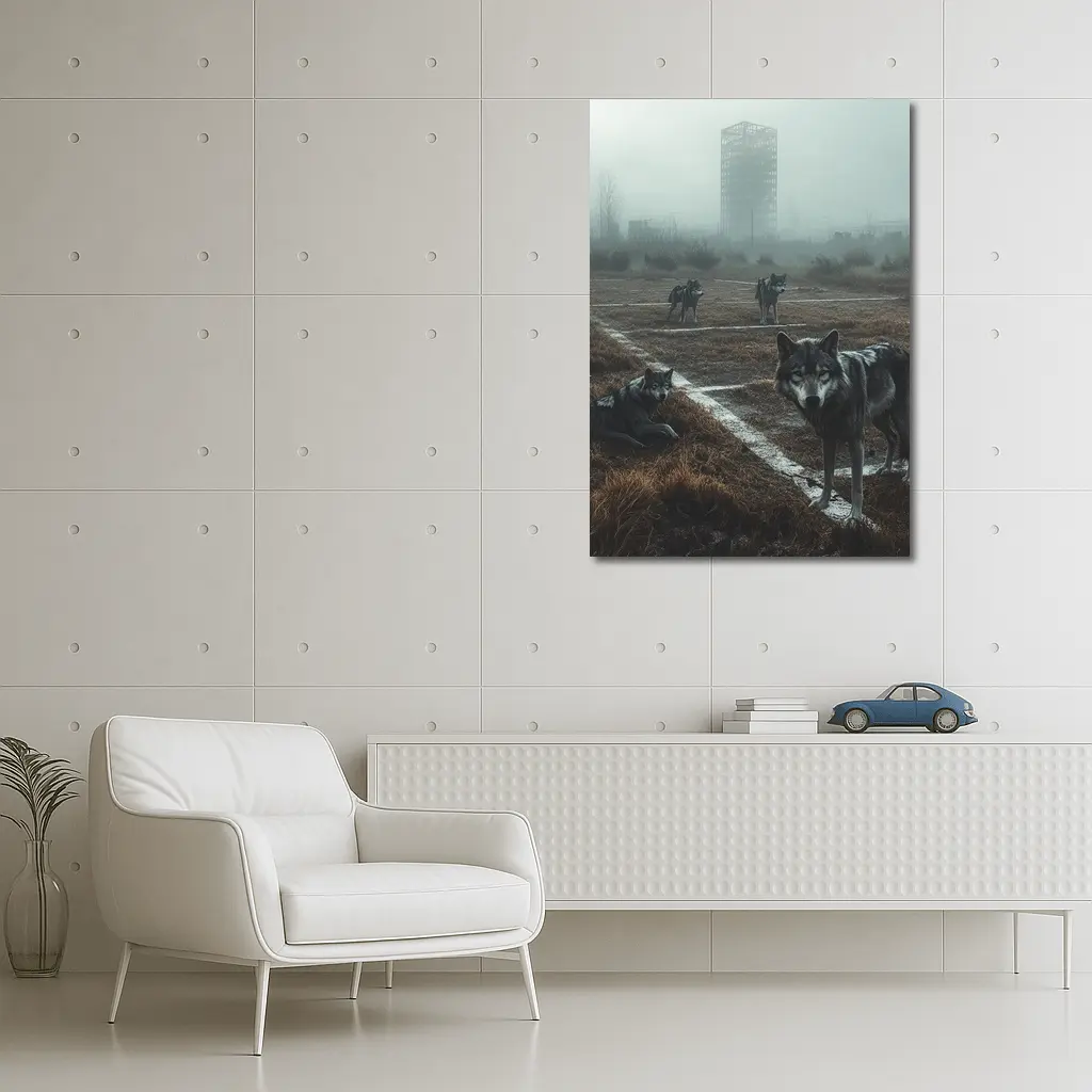 Wolf Pack Roaming Misty Abandoned Industrial Ruins – Wall Art