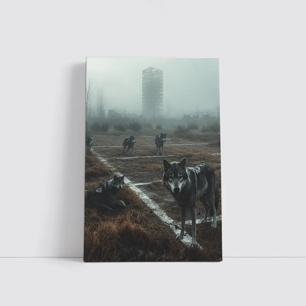 Wolf Pack Roaming Misty Abandoned Industrial Ruins – Wall Art