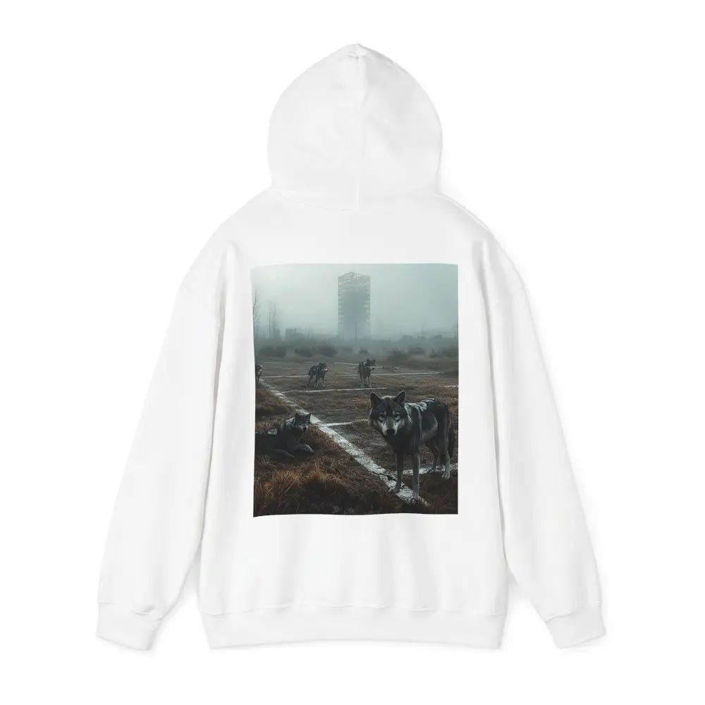 Wolf Pack Roaming Misty Abandoned Industrial Ruins – Hoodies