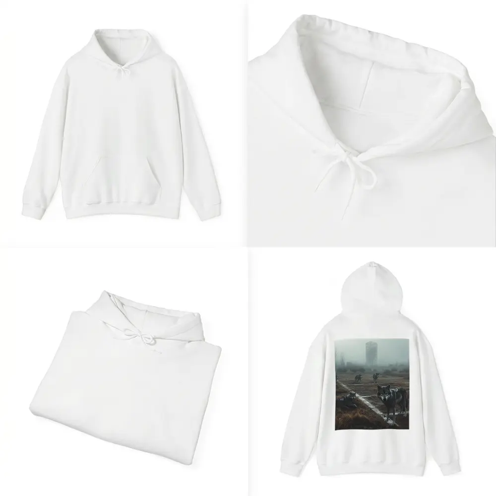 Wolf Pack Roaming Misty Abandoned Industrial Ruins – Hoodies