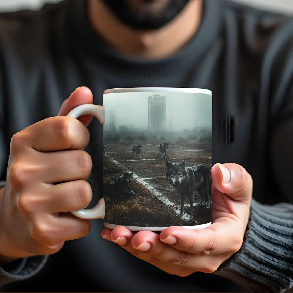 Wolf Pack Roaming Misty Abandoned Industrial Ruins – Mugs