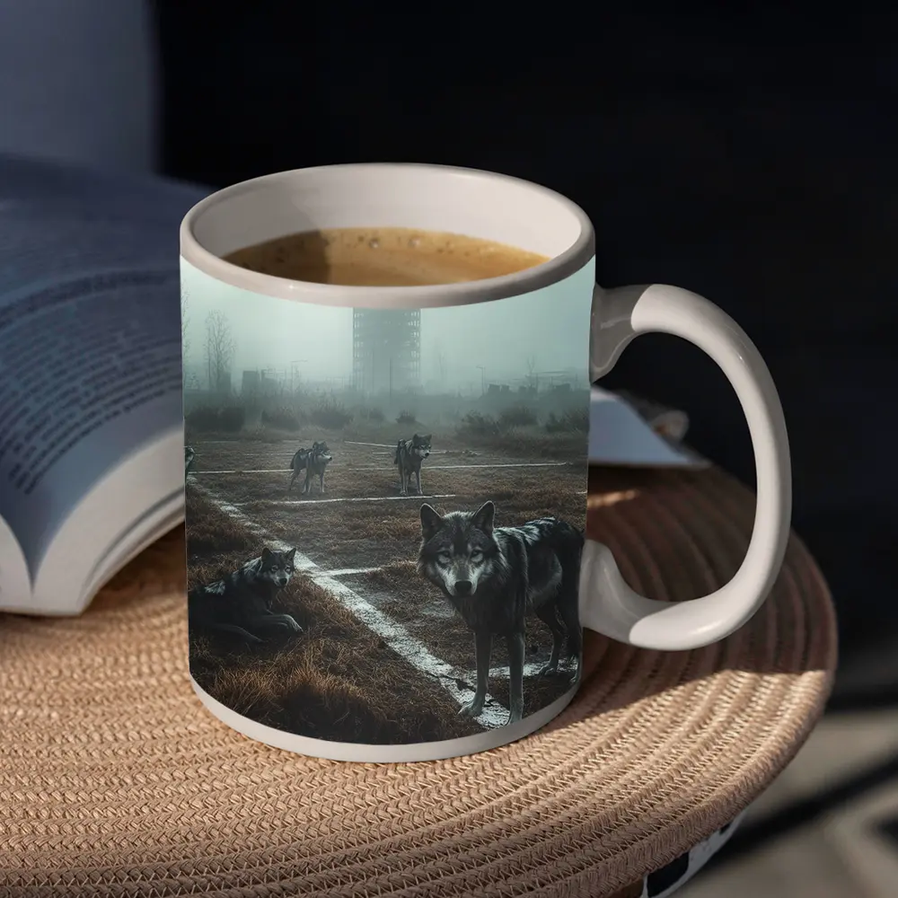 Wolf Pack Roaming Misty Abandoned Industrial Ruins – Mugs
