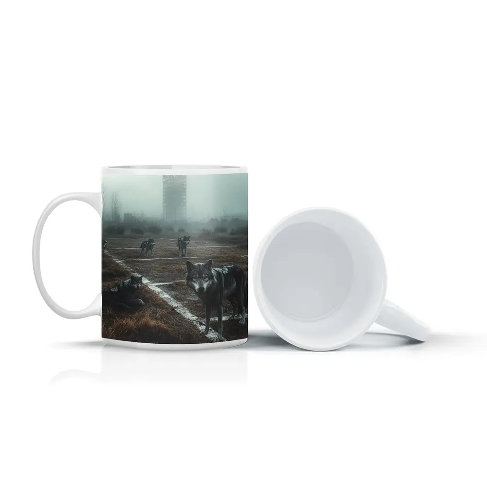 Wolf Pack Roaming Misty Abandoned Industrial Ruins – Mugs