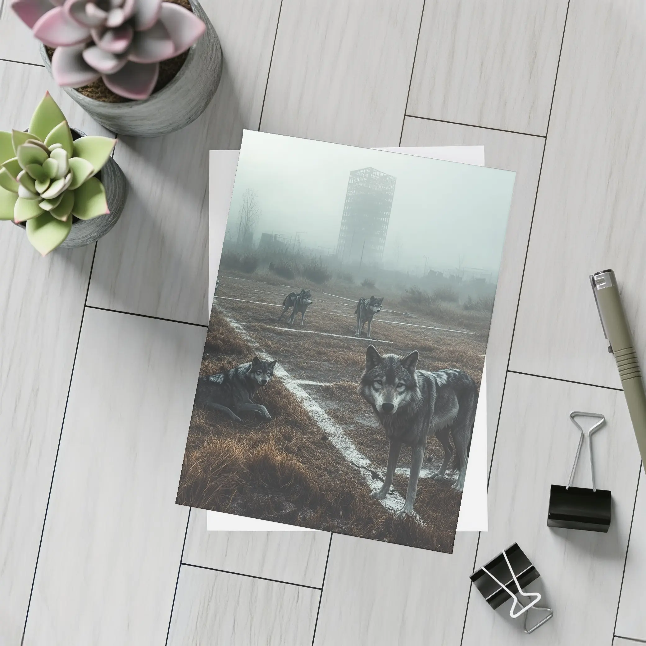 Wolf Pack Roaming Misty Abandoned Industrial Ruins – Postcards