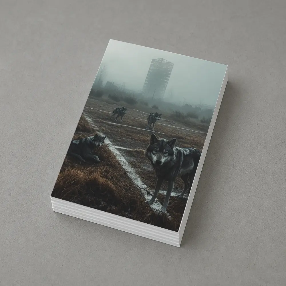 Wolf Pack Roaming Misty Abandoned Industrial Ruins – Postcards