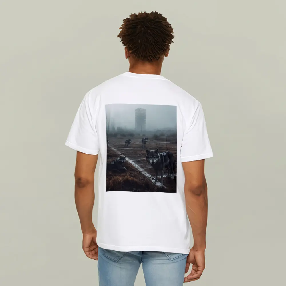 Wolf Pack Roaming Misty Abandoned Industrial Ruins – T-Shirts