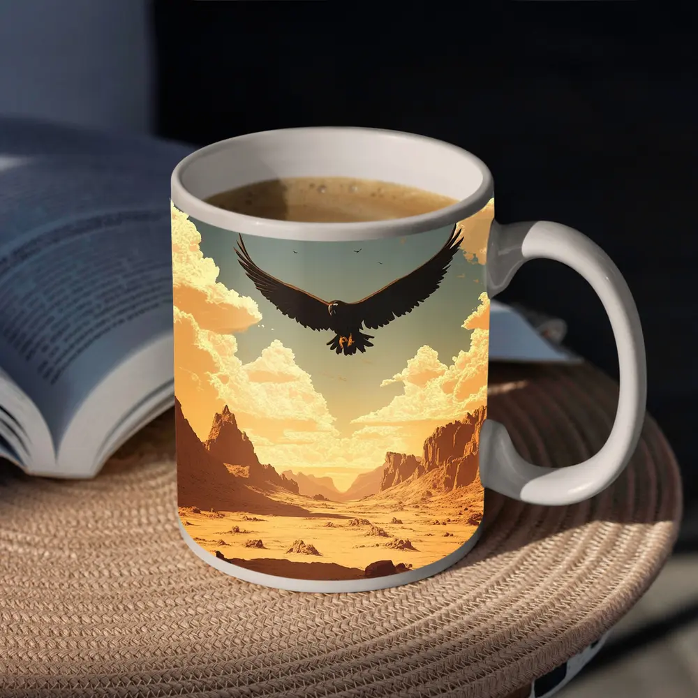 Eagle Soaring Over Desert Canyon Illustration – Mugs