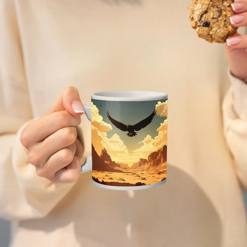 Eagle Soaring Over Desert Canyon Illustration – Mugs