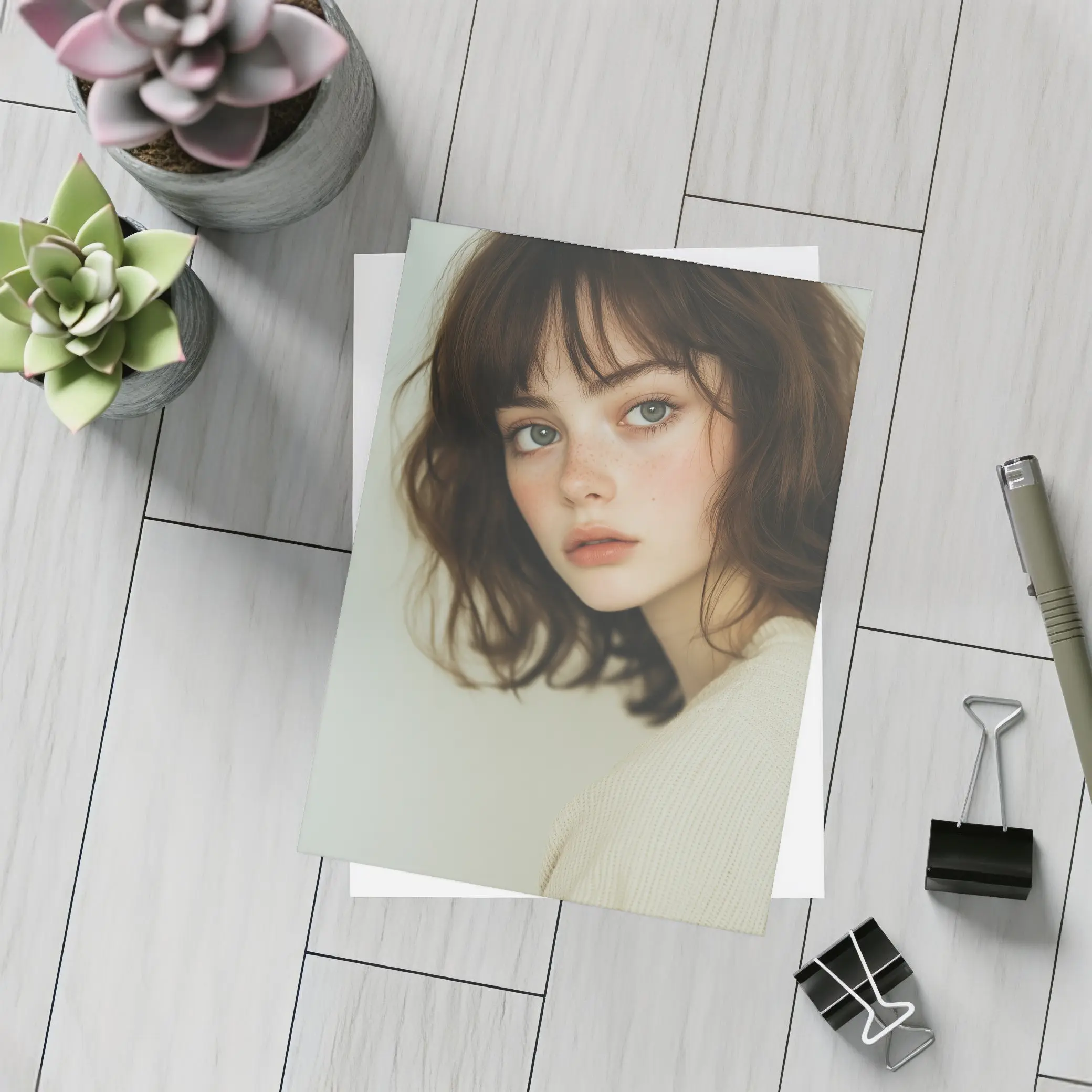Young Woman Portrait Soft White Background – Postcards