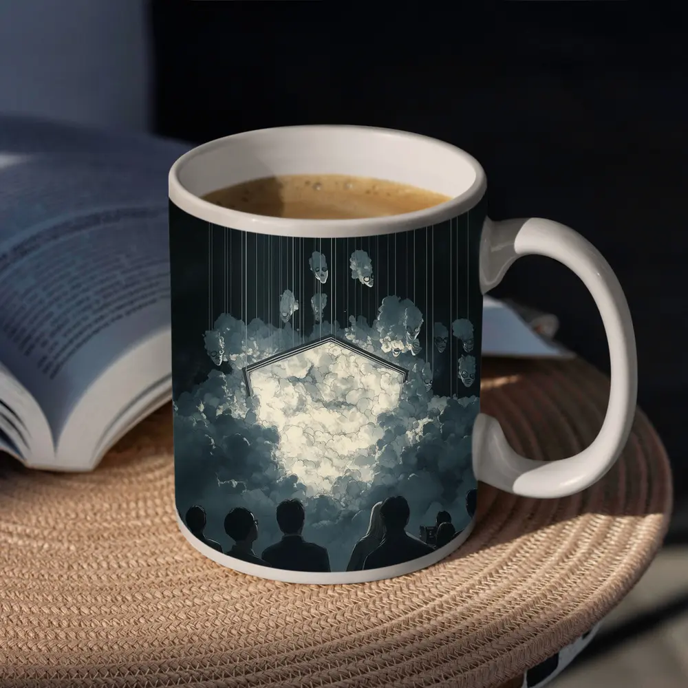 Dark Surreal Crowd Watching Glowing Cloud Portal – Mugs
