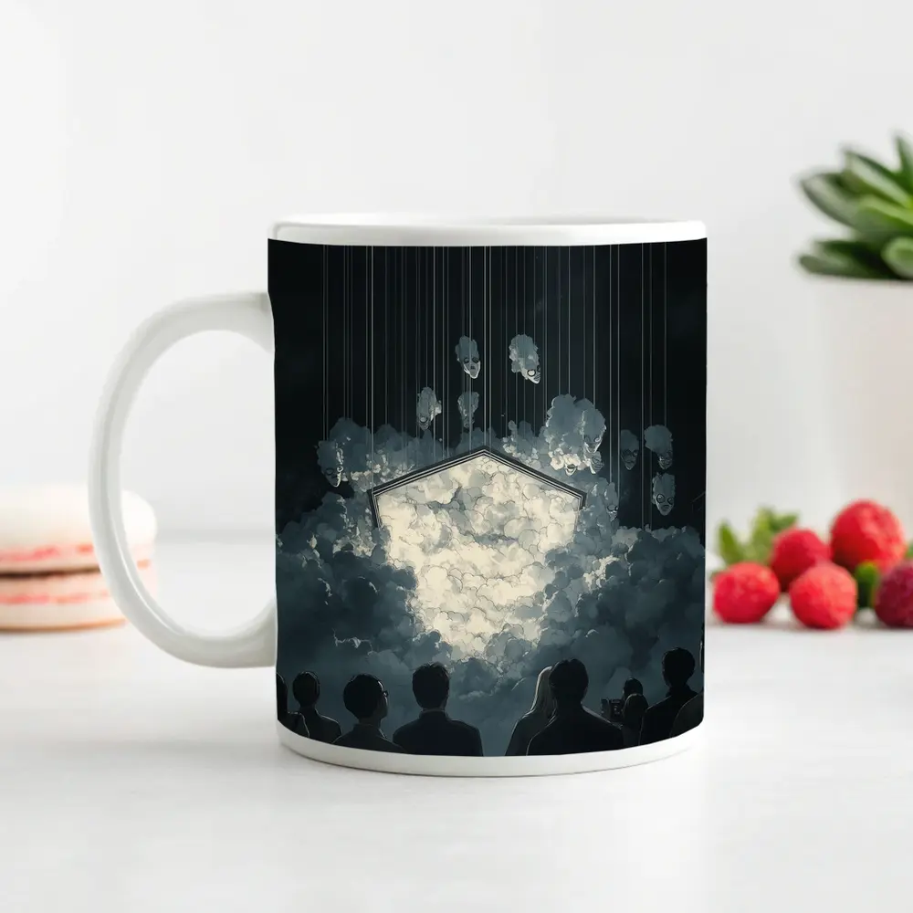 Dark Surreal Crowd Watching Glowing Cloud Portal – Mugs