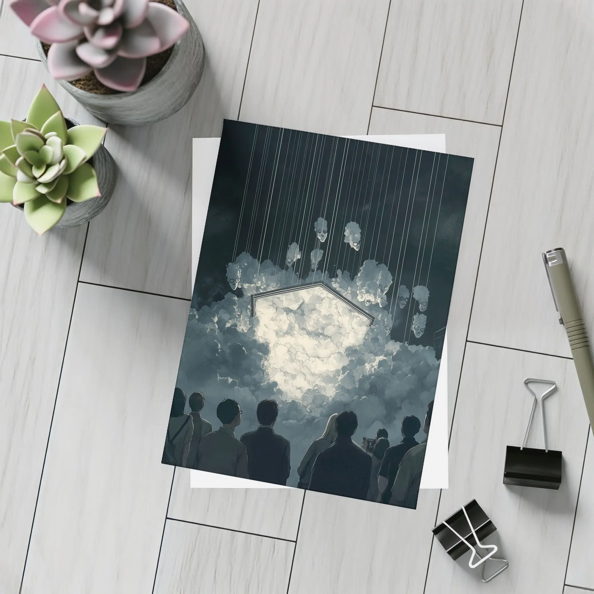 Dark Surreal Crowd Watching Glowing Cloud Portal – Postcards