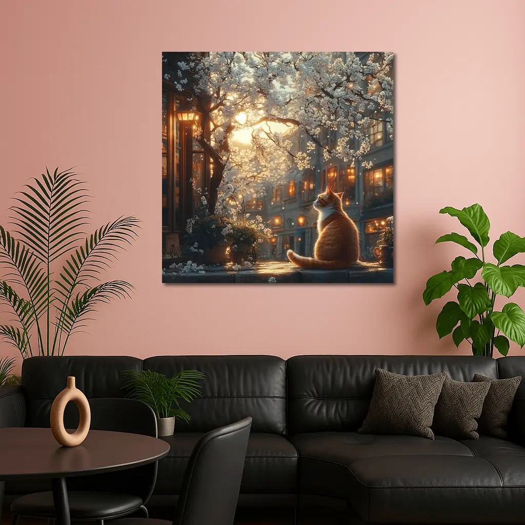 Orange Cat Sitting Under White Blossoms City – Wall Art