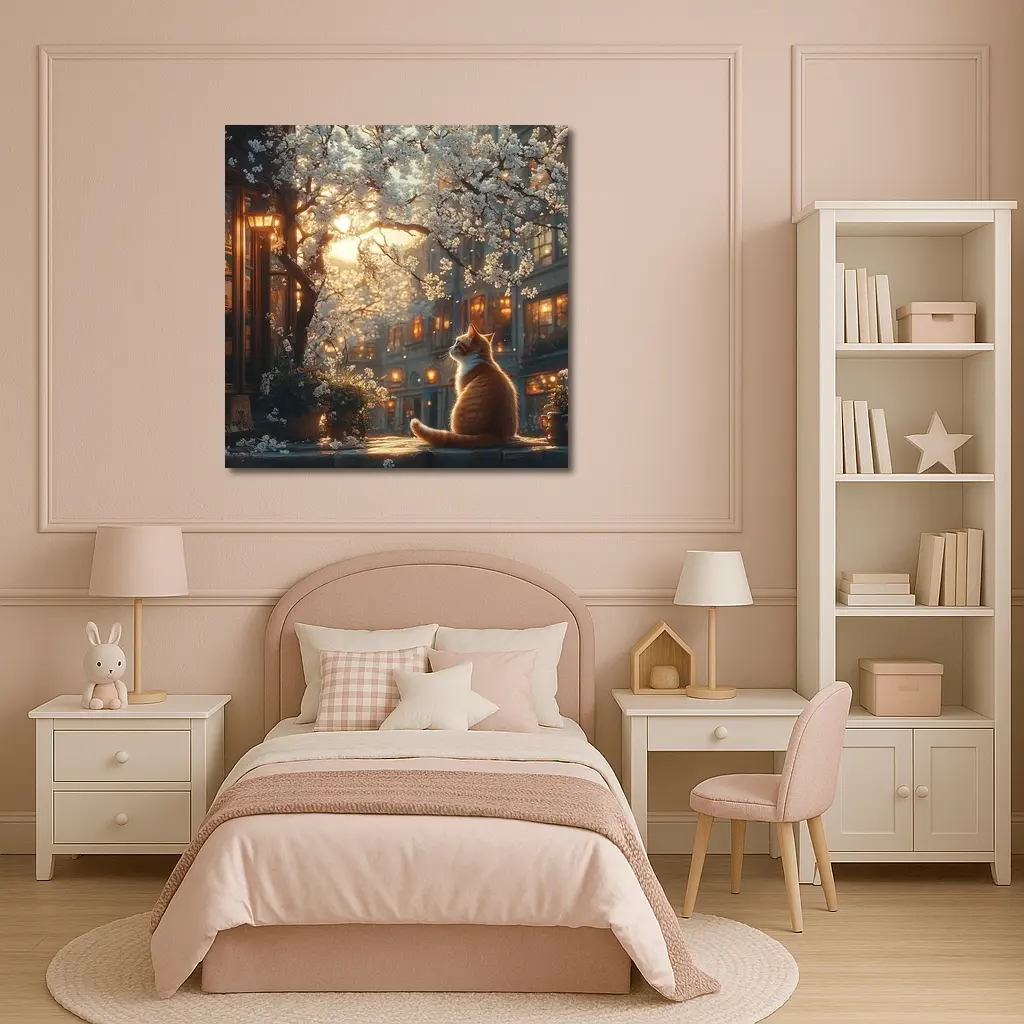 Orange Cat Sitting Under White Blossoms City – Wall Art
