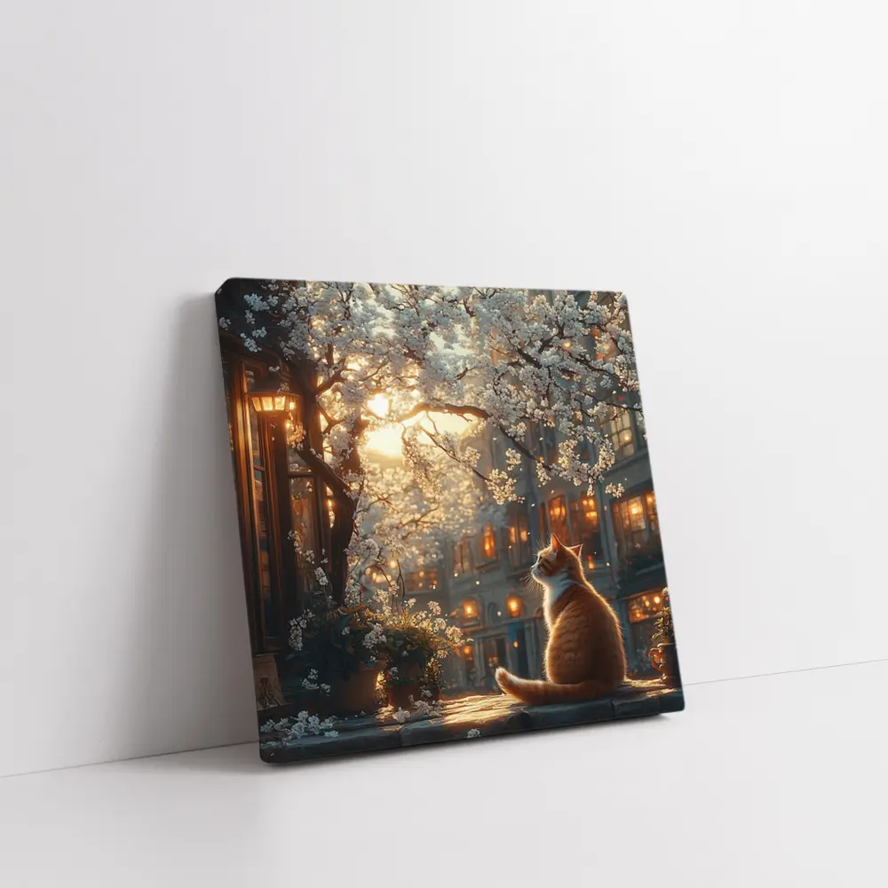 Orange Cat Sitting Under White Blossoms City – Wall Art