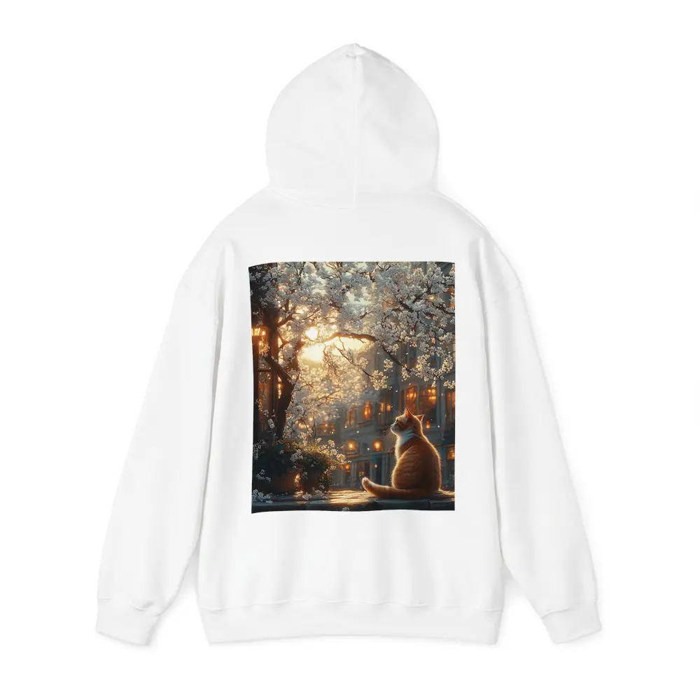 Orange Cat Sitting Under White Blossoms City – Hoodies