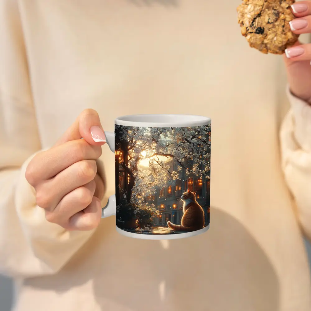 Orange Cat Sitting Under White Blossoms City – Mugs