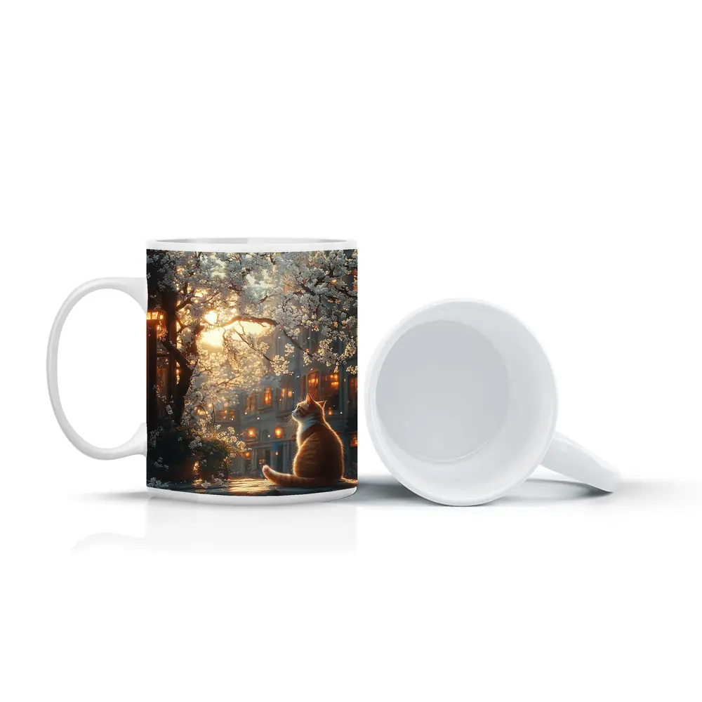 Orange Cat Sitting Under White Blossoms City – Mugs