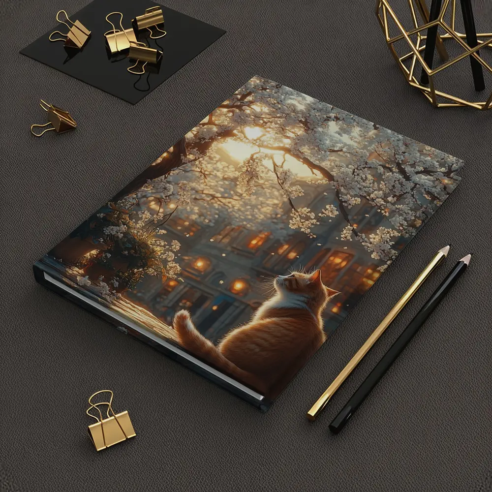 Orange Cat Sitting Under White Blossoms City – Notebooks