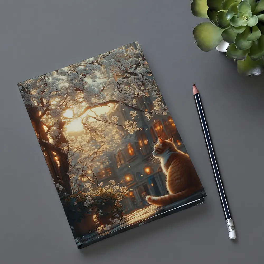 Orange Cat Sitting Under White Blossoms City – Notebooks