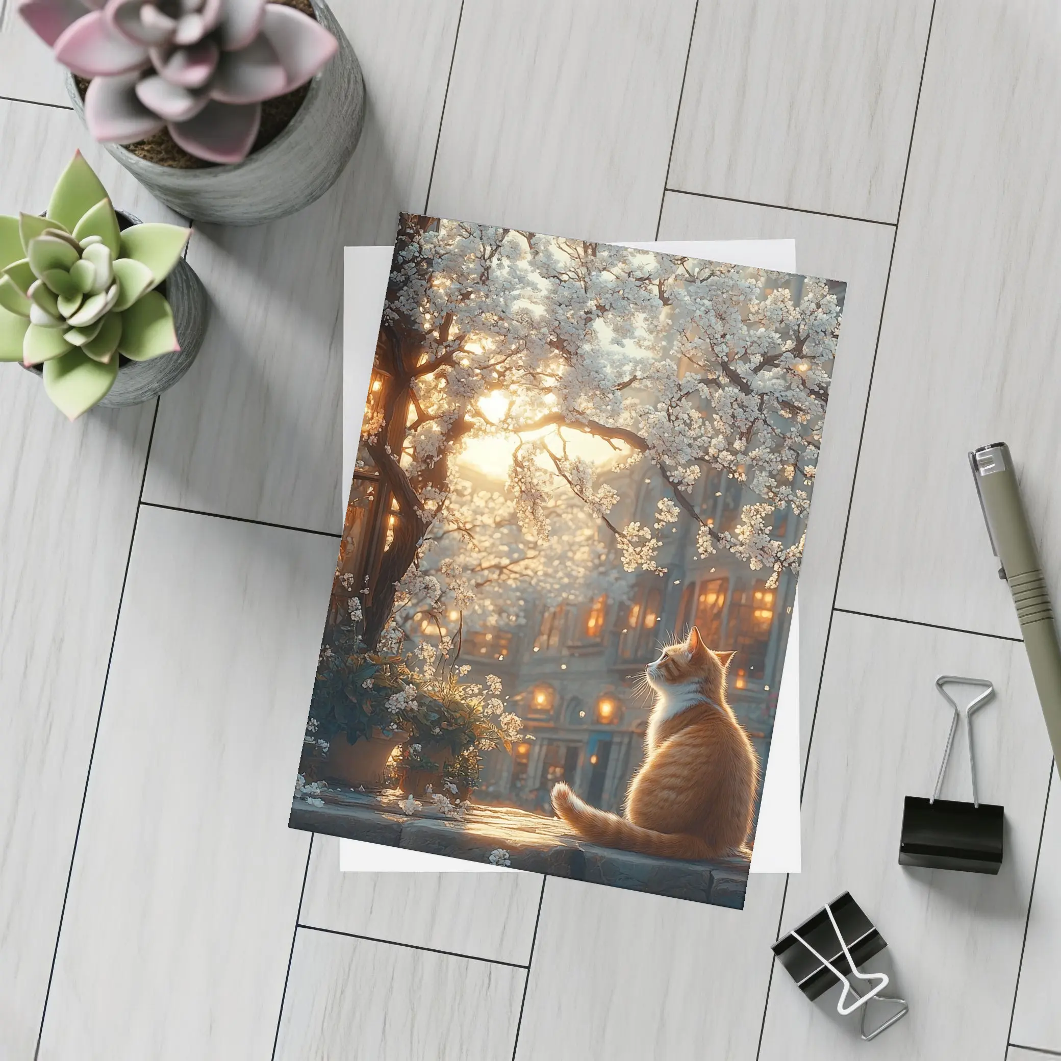 Orange Cat Sitting Under White Blossoms City – Postcards