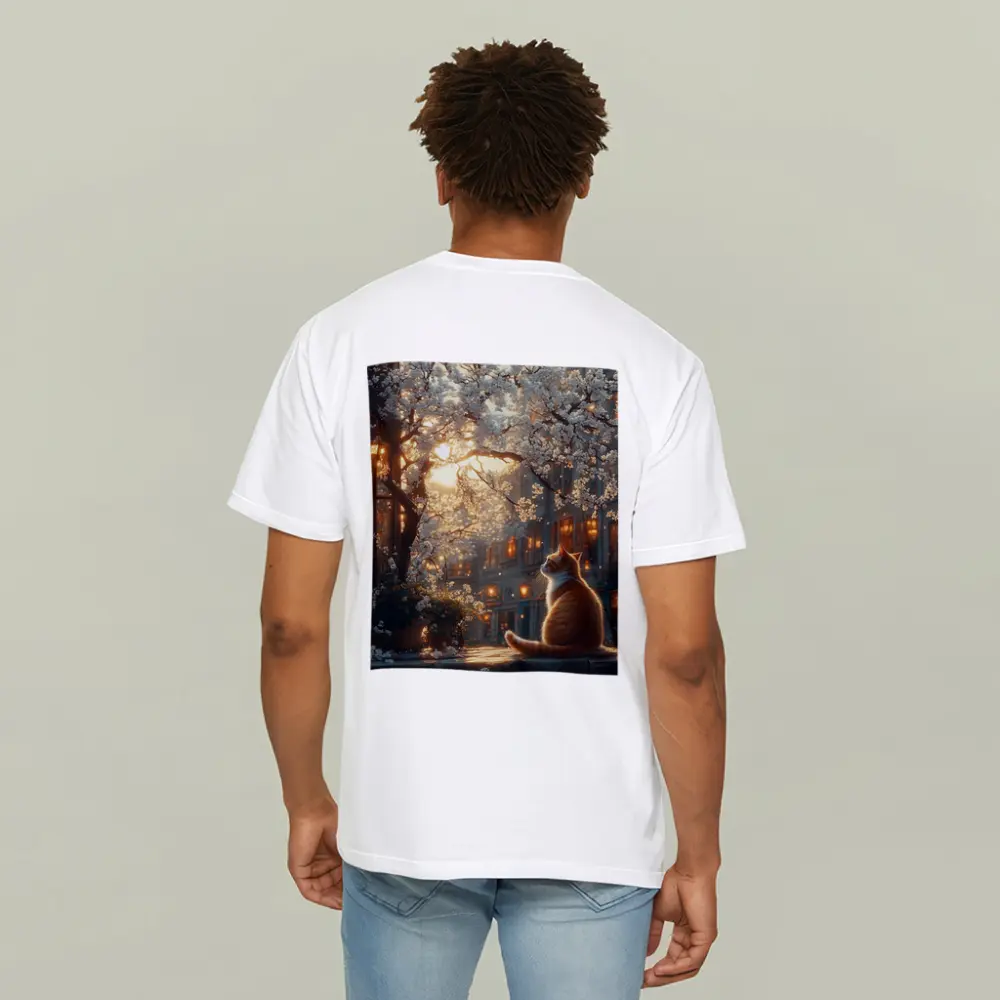 Orange Cat Sitting Under White Blossoms City – T-Shirts