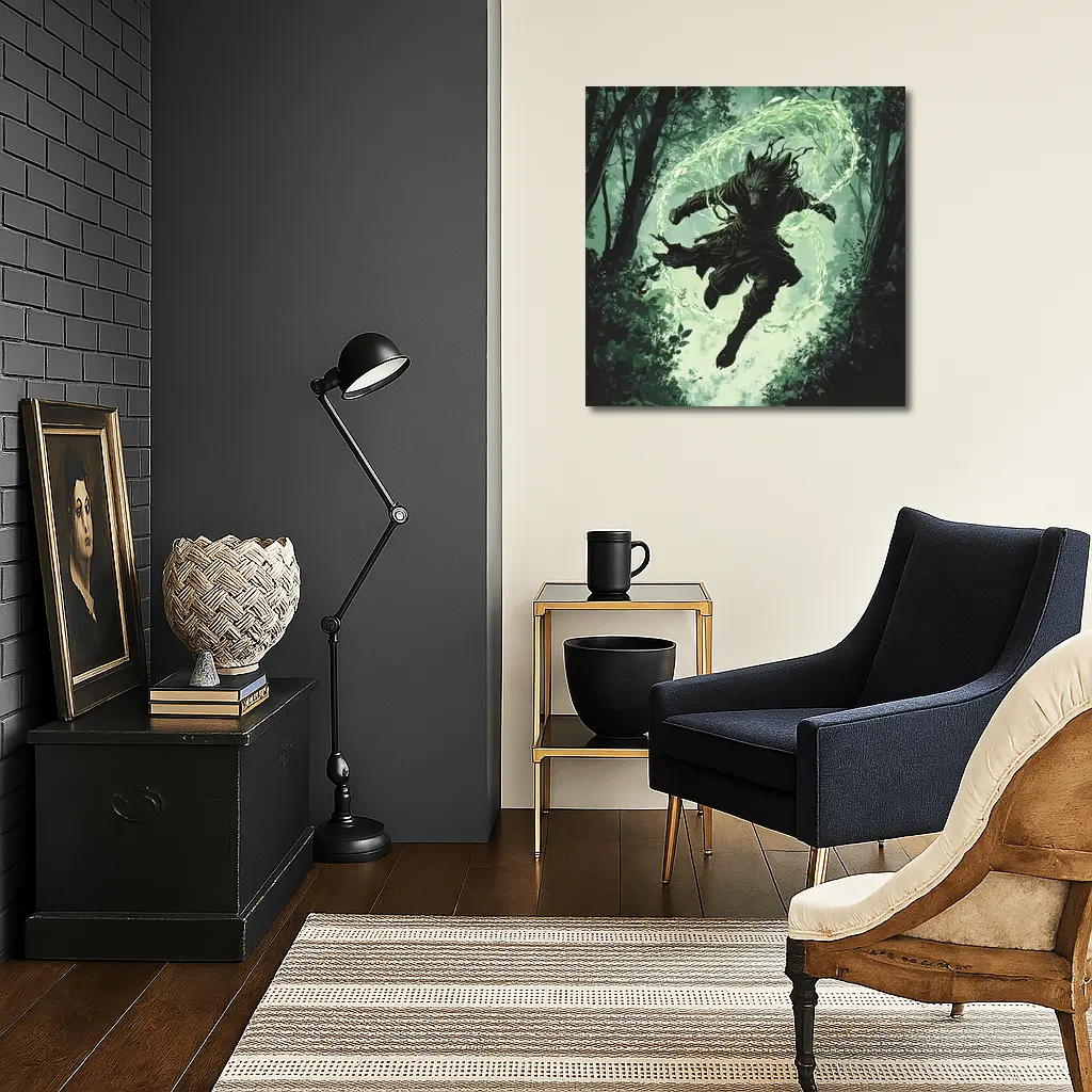 Wolf Warrior Leaping In Mystical Forest – Wall Art