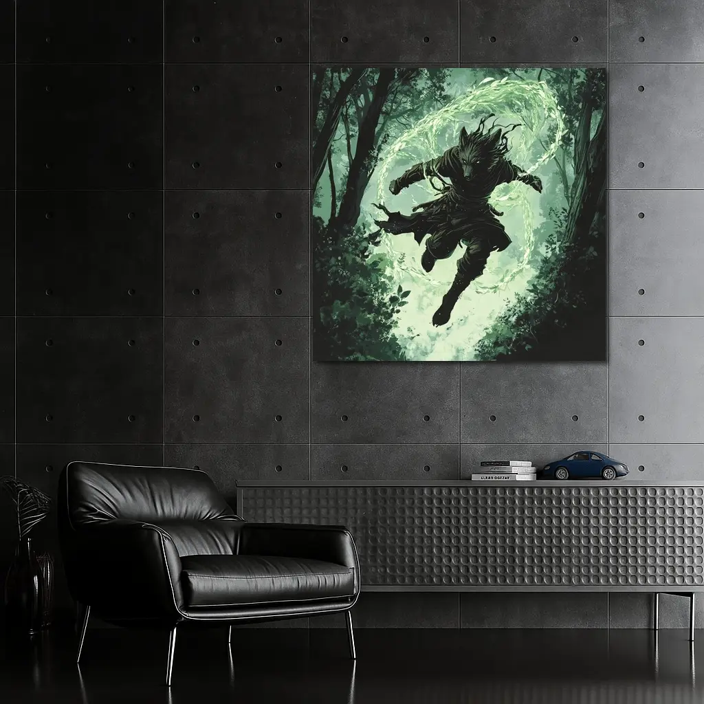 Wolf Warrior Leaping In Mystical Forest – Wall Art