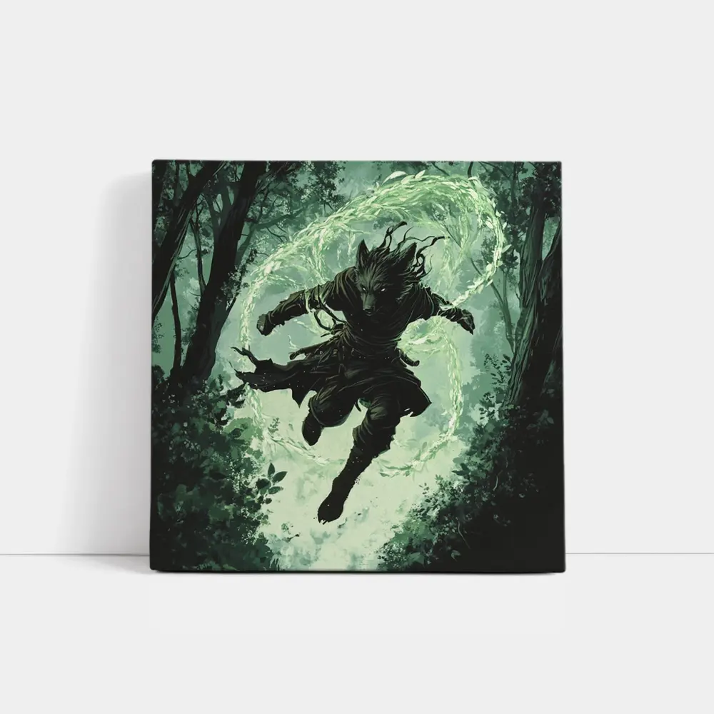 Wolf Warrior Leaping In Mystical Forest – Wall Art