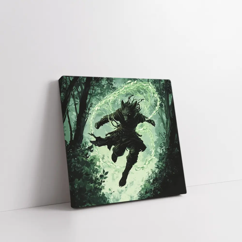 Wolf Warrior Leaping In Mystical Forest – Wall Art