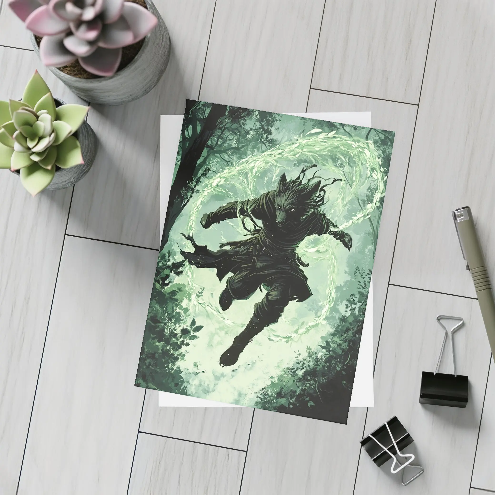 Wolf Warrior Leaping In Mystical Forest – Postcards