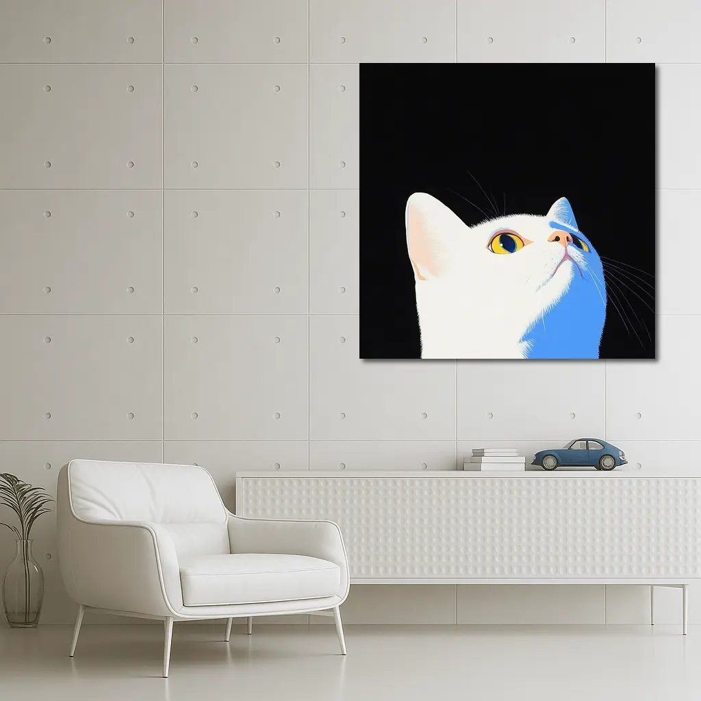 White Cat Yellow Eyes Black Background Art – Wall Art