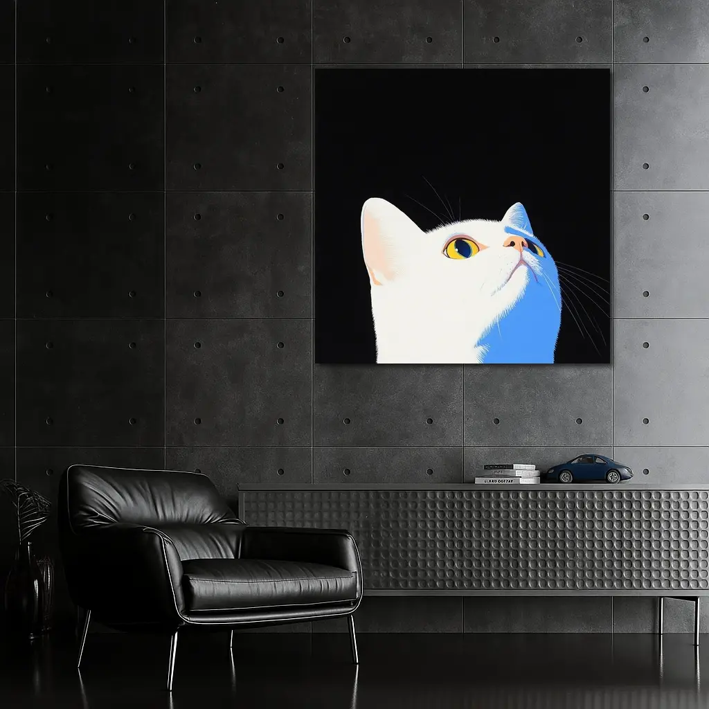 White Cat Yellow Eyes Black Background Art – Wall Art