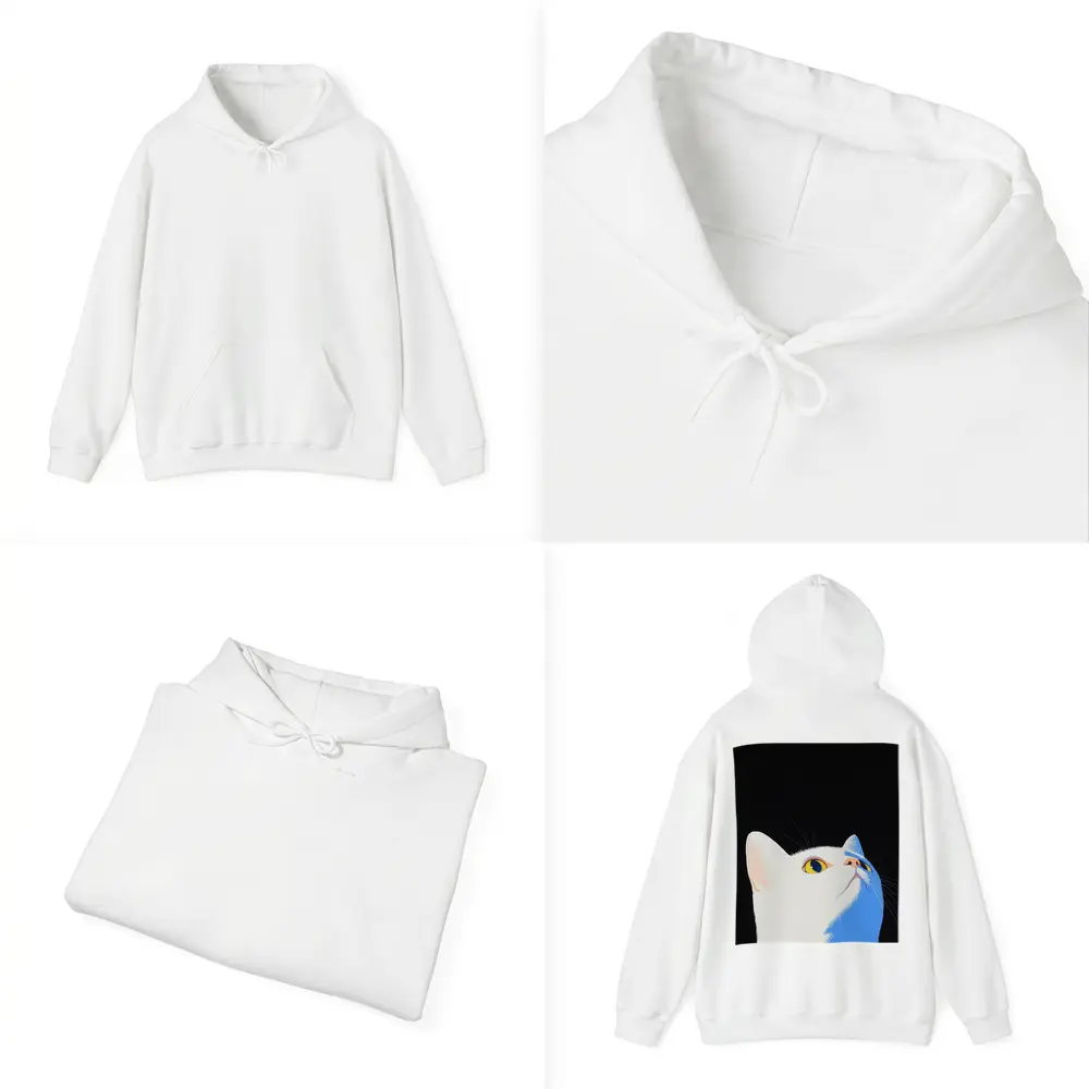 White Cat Yellow Eyes Black Background Art – Hoodies