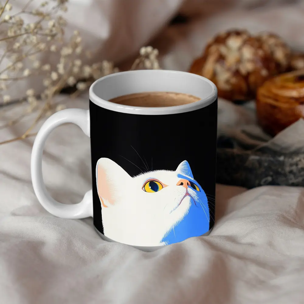 White Cat Yellow Eyes Black Background Art – Mugs
