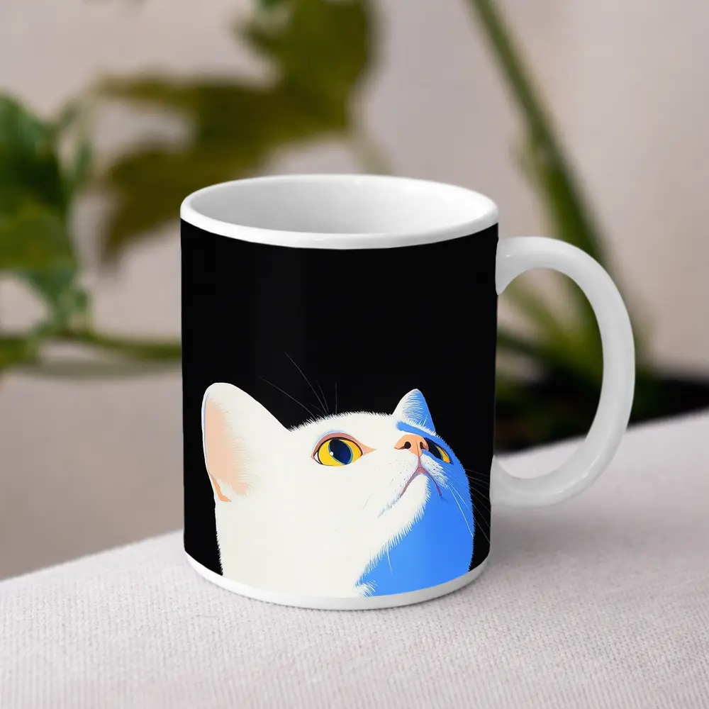 White Cat Yellow Eyes Black Background Art – Mugs