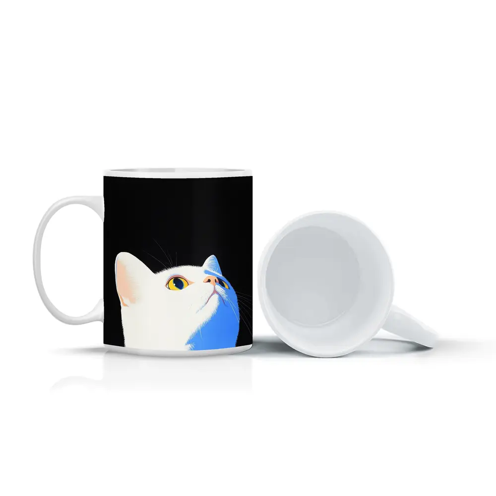 White Cat Yellow Eyes Black Background Art – Mugs