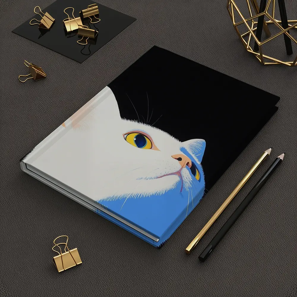 White Cat Yellow Eyes Black Background Art – Notebooks