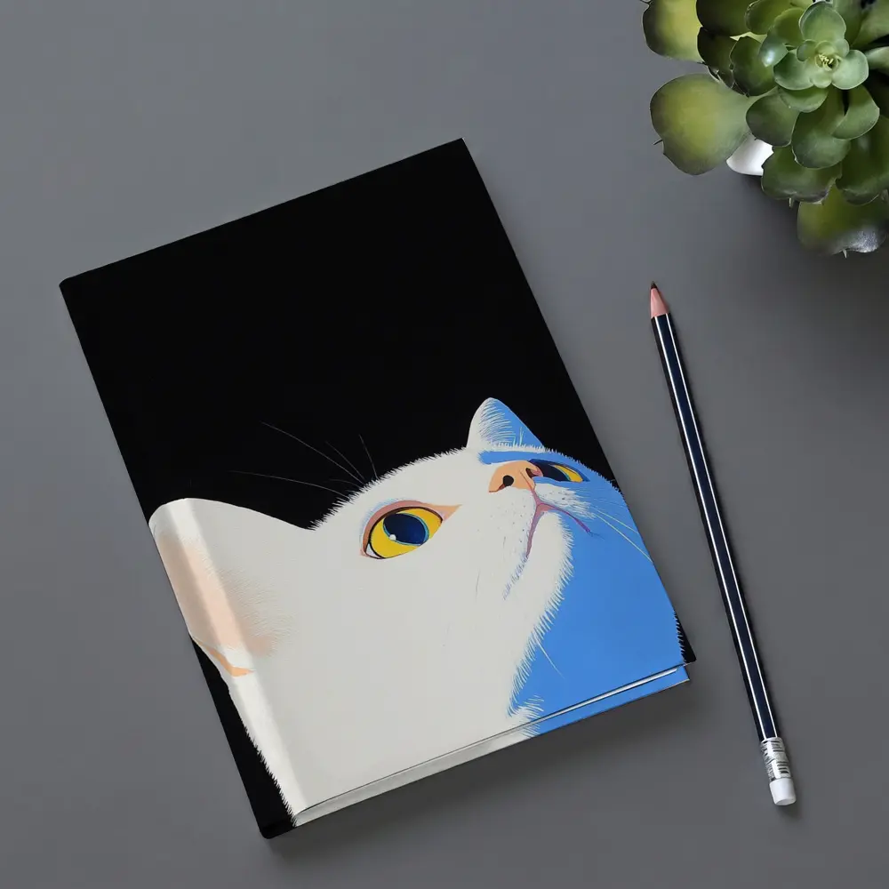 White Cat Yellow Eyes Black Background Art – Notebooks