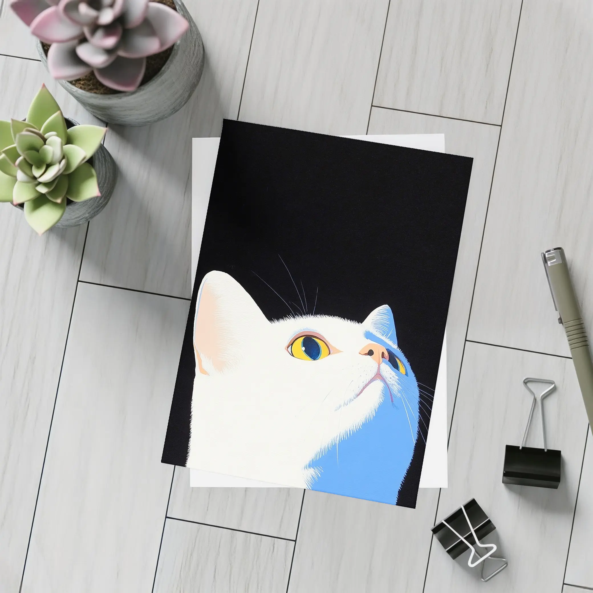 White Cat Yellow Eyes Black Background Art – Postcards