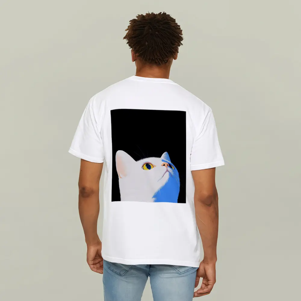 White Cat Yellow Eyes Black Background Art – T-Shirts