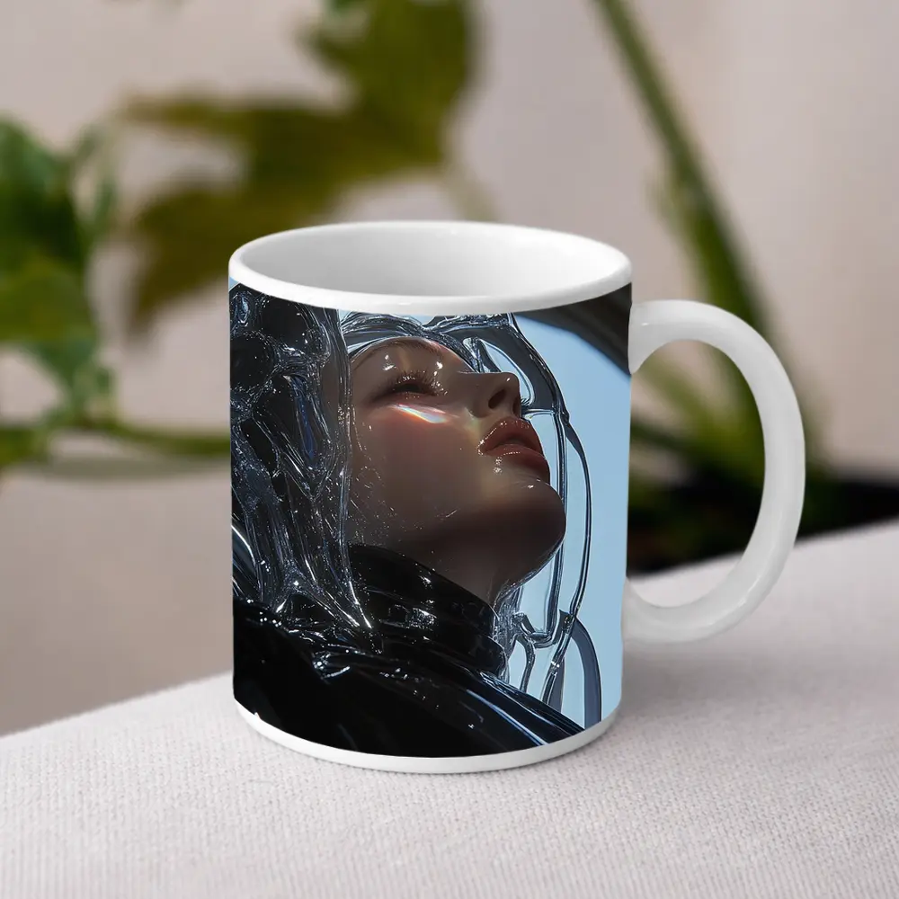 Futuristic Woman Glass Hair Black Outfit – Mugs