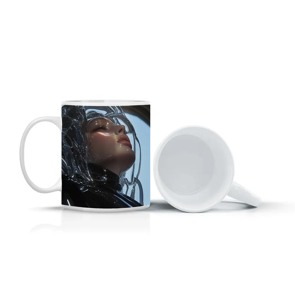 Futuristic Woman Glass Hair Black Outfit – Mugs