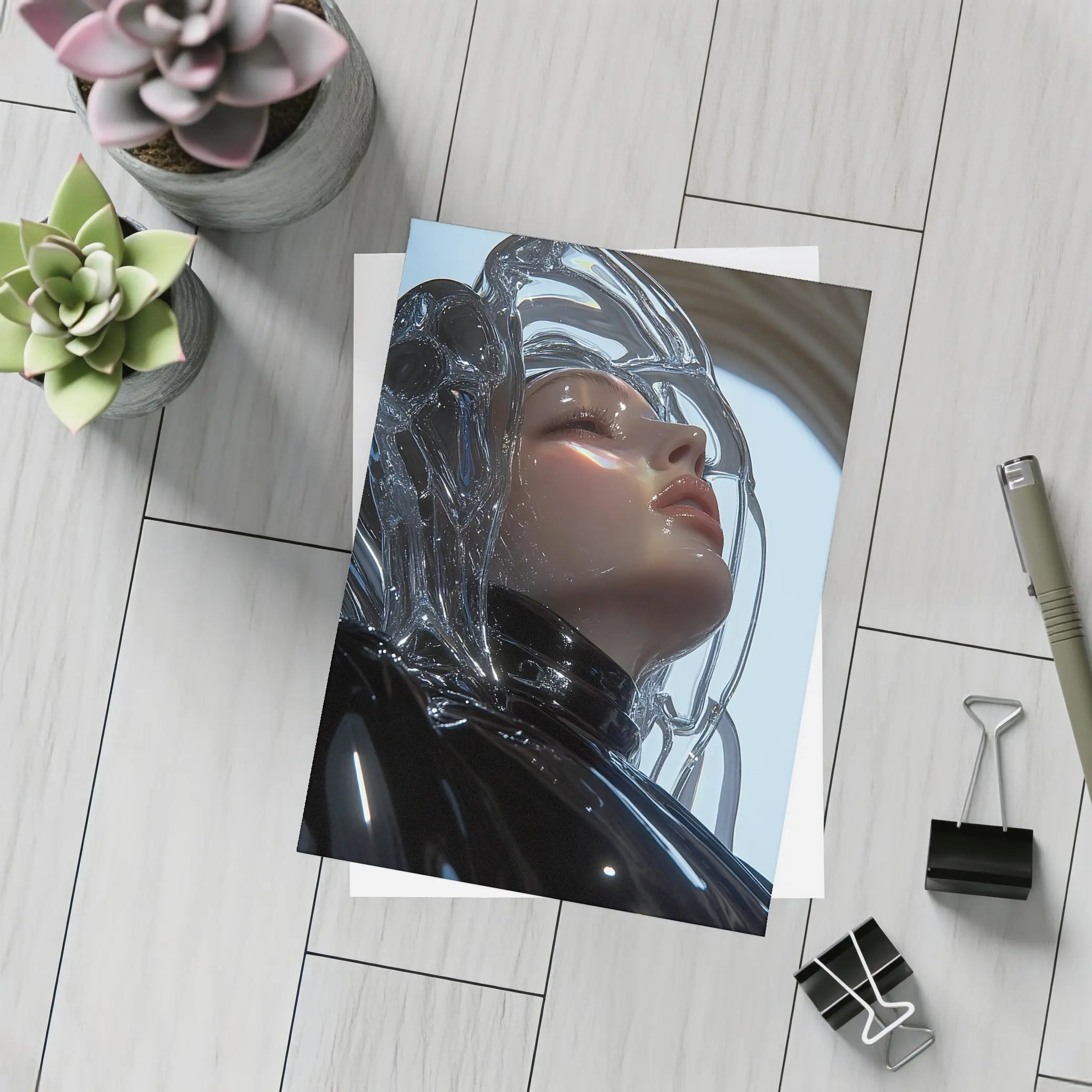 Futuristic Woman Glass Hair Black Outfit – Postcards