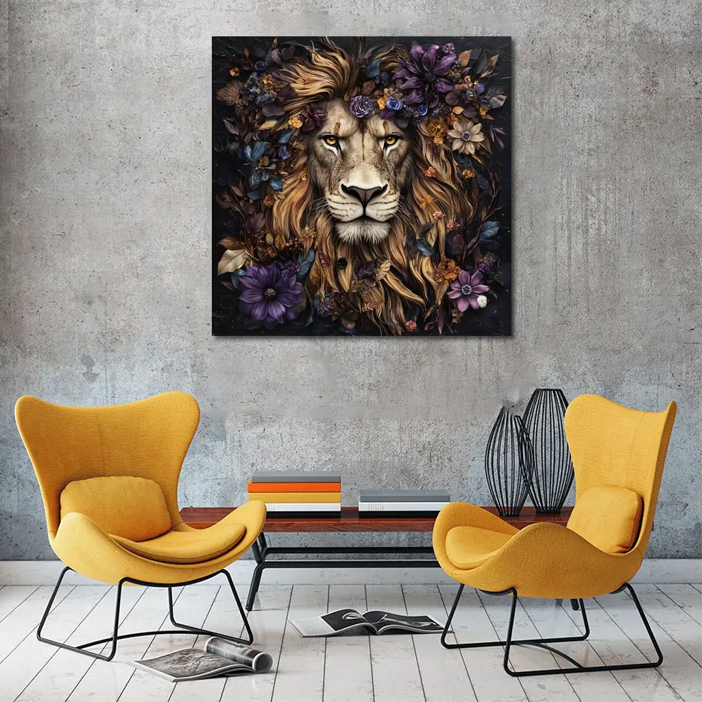 Lion Portrait Dark Floral Botanical Art – Wall Art