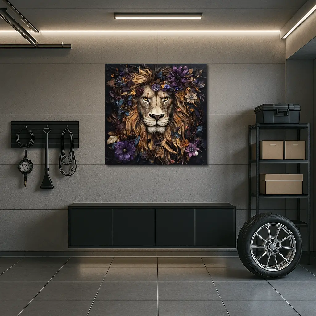 Lion Portrait Dark Floral Botanical Art – Wall Art