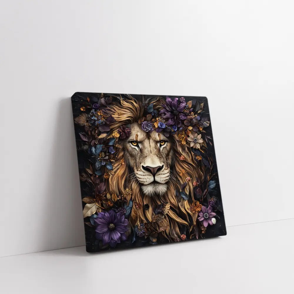 Lion Portrait Dark Floral Botanical Art – Wall Art
