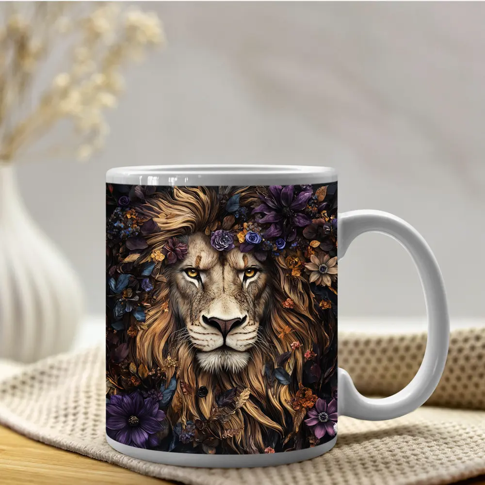 Lion Portrait Dark Floral Botanical Art – Mugs